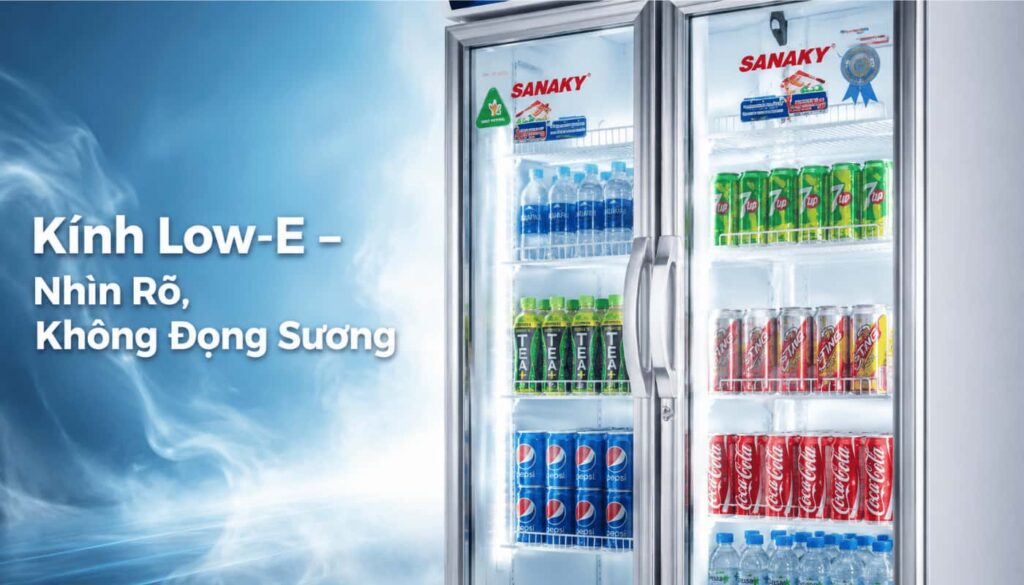 Cửa kính Low-E hai lớp của tủ mát Sanaky VH8009HP trong suốt, không đọng sương