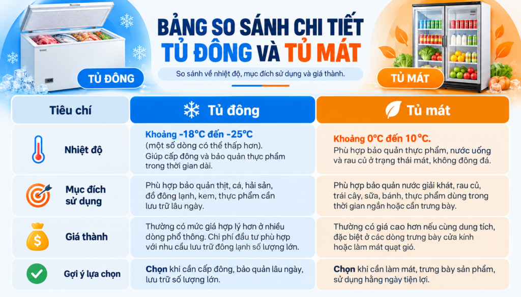 Bảng so sánh chi tiết tủ đông và tủ mát về nhiệt độ, mục đích